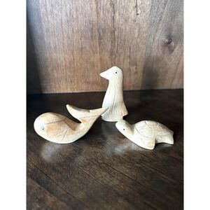 Lot Of 3 Mini Hand Carved Wood Figurines Whale Turtle Penguin Shelf Sitters